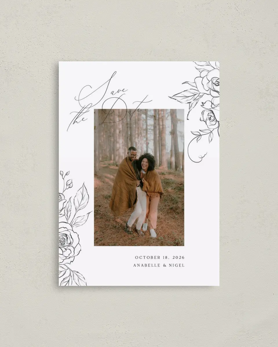 This is a 4" x 5.6" Save the Date Postcard called The Anabelle printed in full color with Gold foil on Soft Touch Finish paper