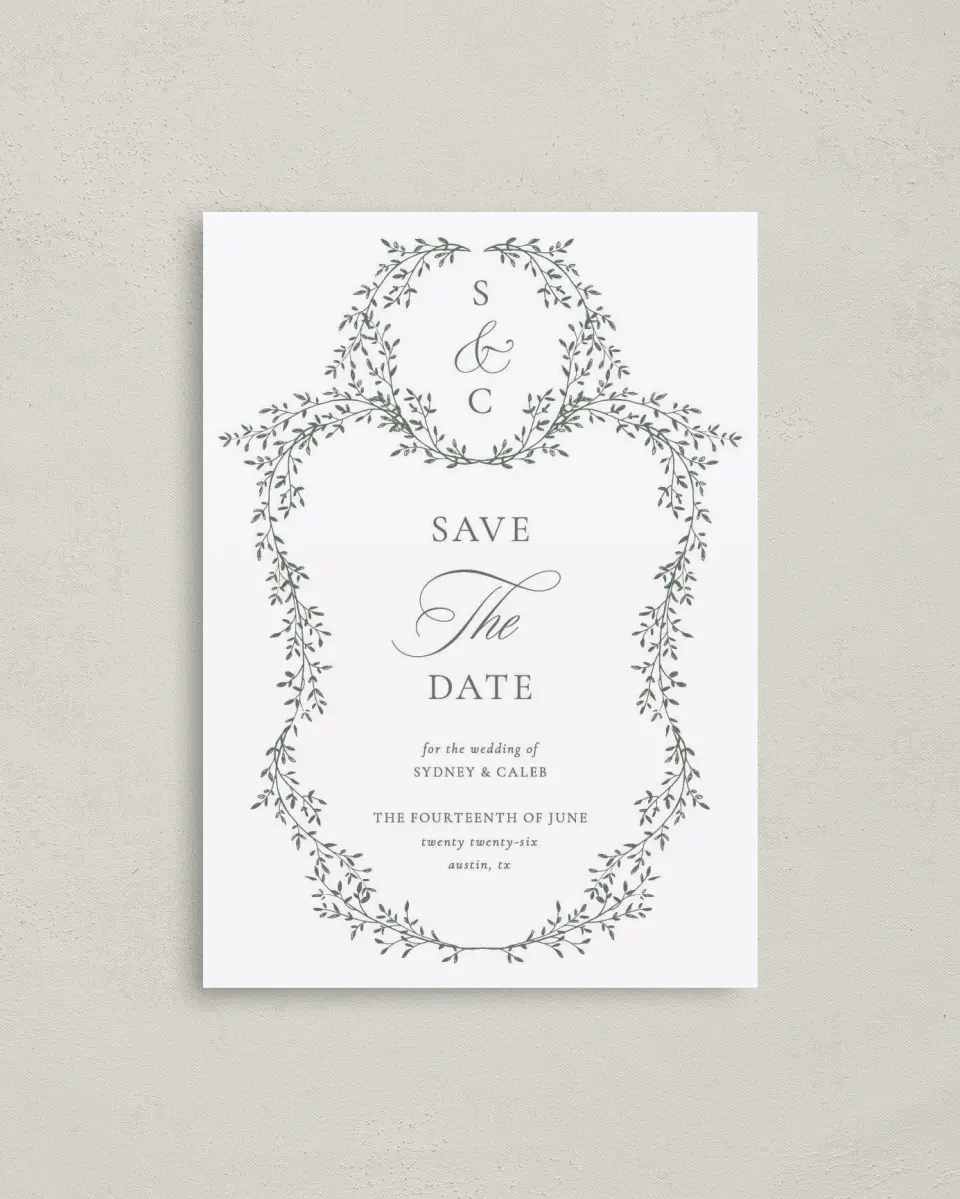 This is a 4" x 5.6" Save the Date Postcard called Elegant Frame printed in full color on Soft Touch Finish paper