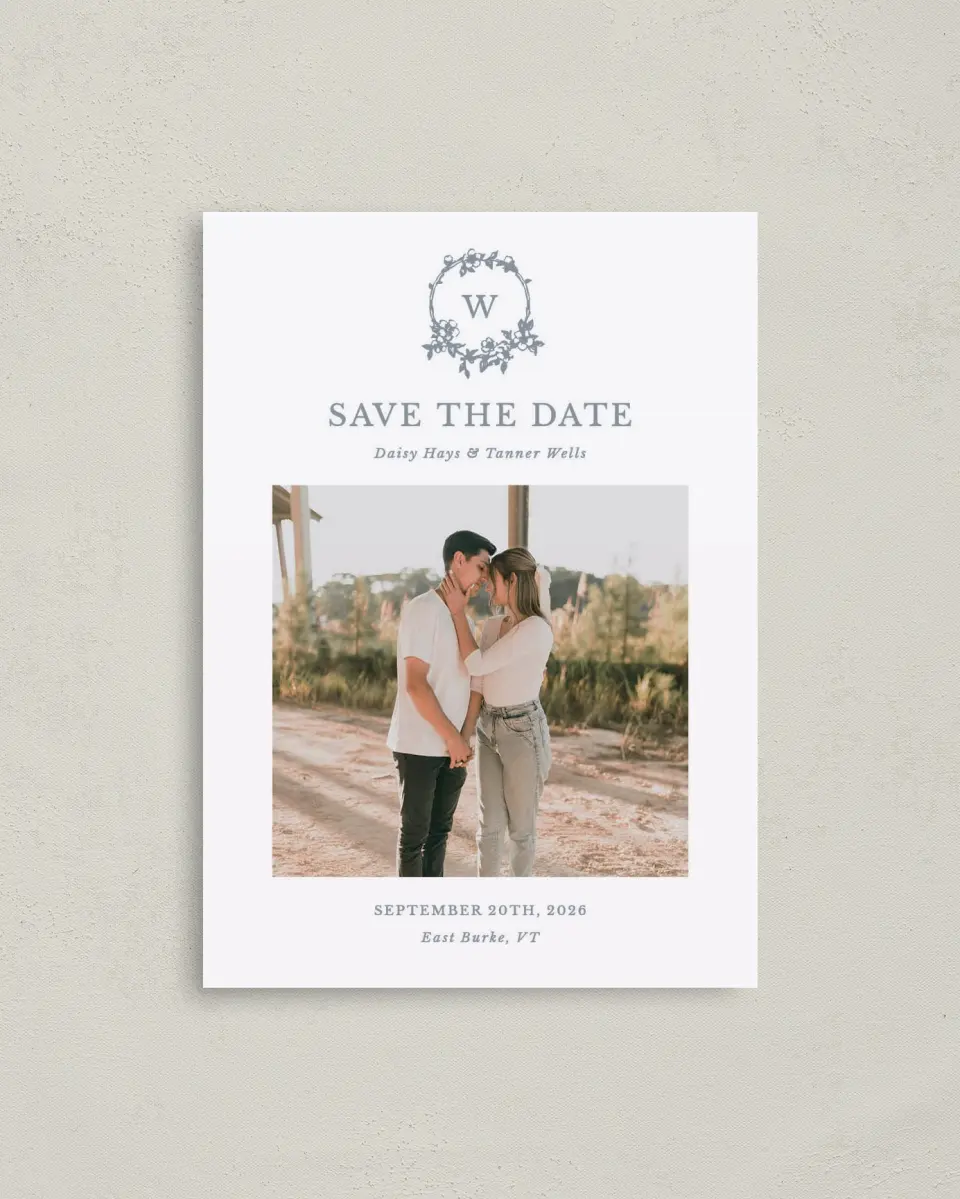 This is a 4" x 5.6" Save the Date Postcard called Flowering Frame printed in full color on Soft Touch Finish paper
