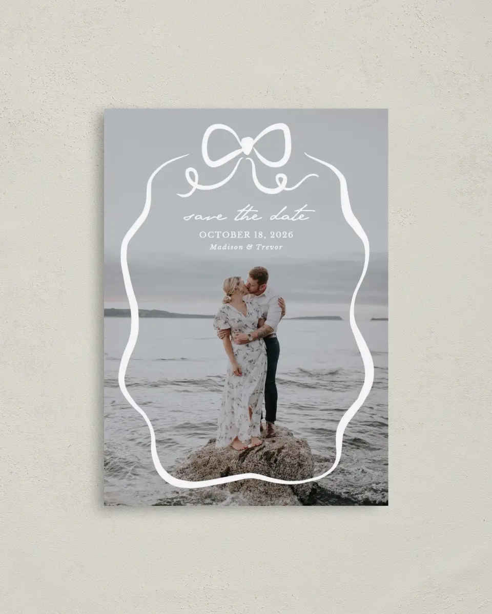 This is a 4" x 5.6" Save the Date Postcard called The Madison printed in full color with Rose Gold foil on Soft Touch Finish paper
