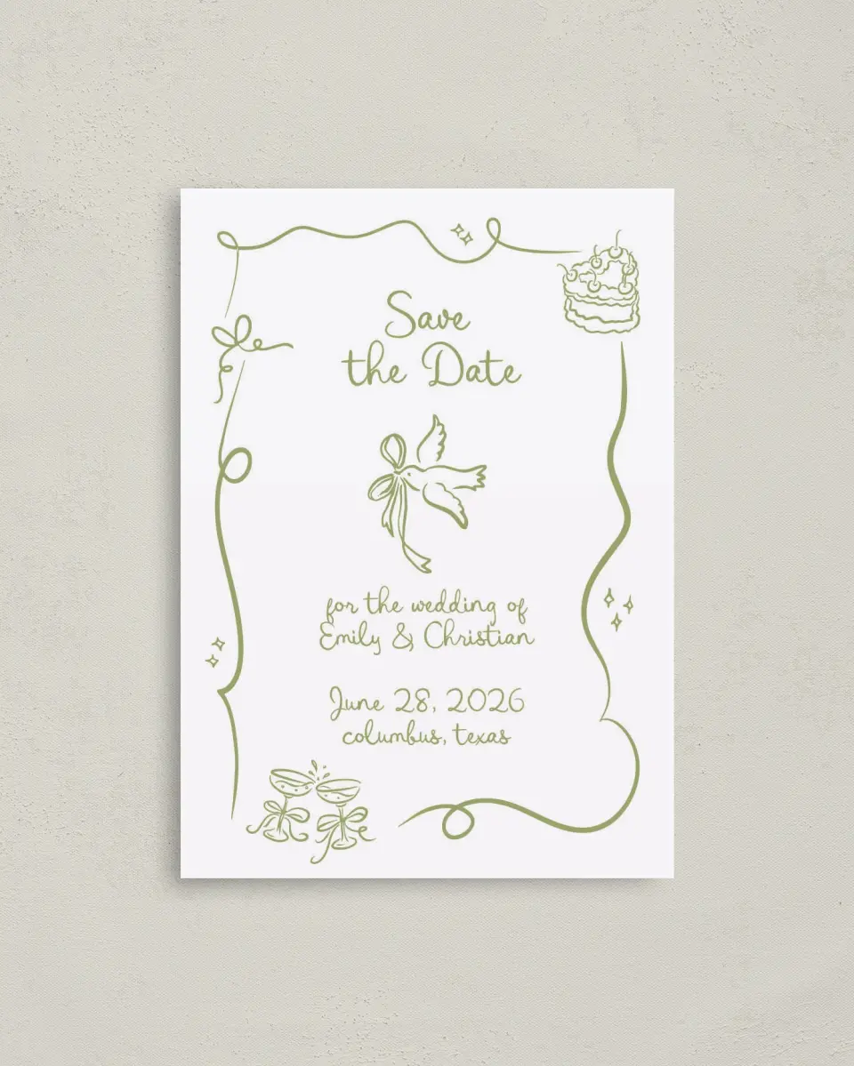 This is a 4" x 5.6" Save the Date Postcard called Wedding Whimsy printed in full color on Soft Touch Finish paper