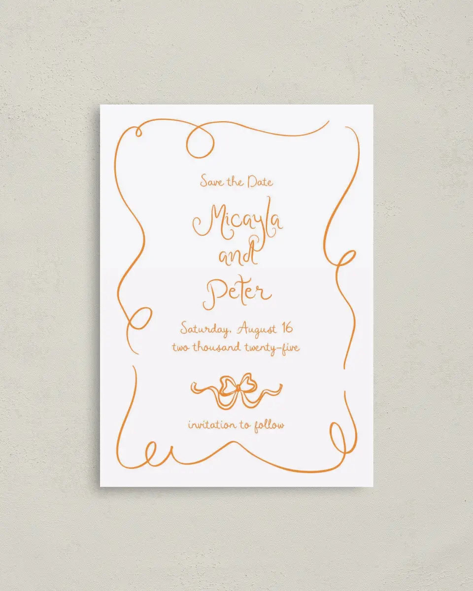 This is a 4" x 5.6" Save the Date Postcard called The Micayla printed in full color on Soft Touch Finish paper
