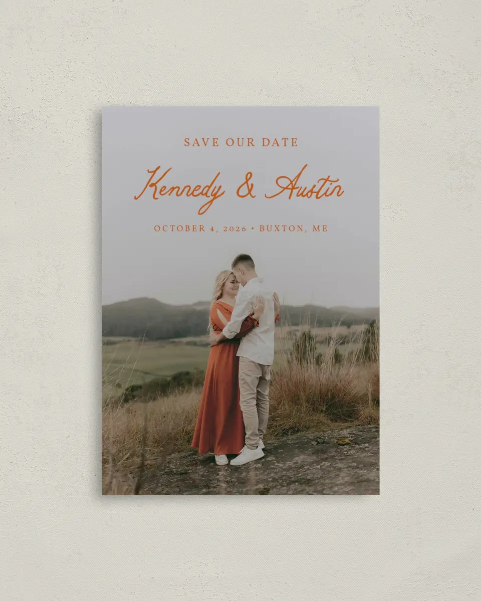 This is a 4" x 5.6" Save the Date Postcard called The Kennedy printed in full color on Soft Touch Finish paper
