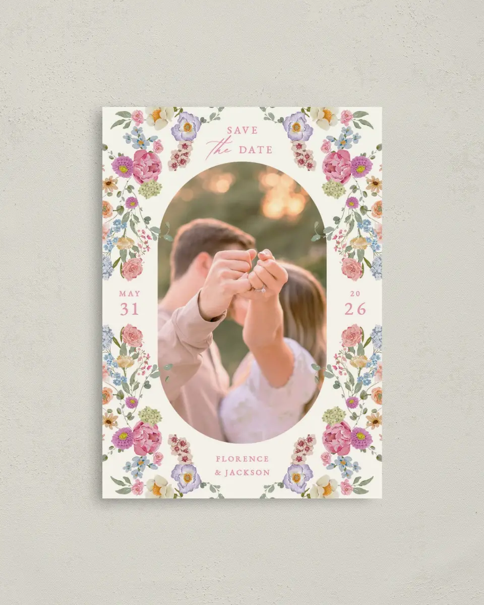 This is a 4" x 5.6" Save the Date Postcard called The Florence printed in full color with Rose Gold foil on Soft Touch Finish paper