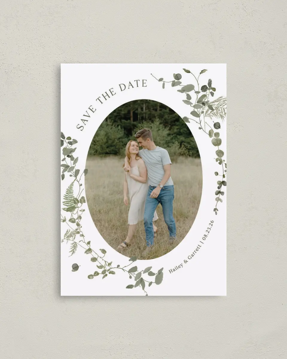 This is a 4" x 5.6" Save the Date Postcard called The Hailey printed in full color with Rose Gold foil on Soft Touch Finish paper