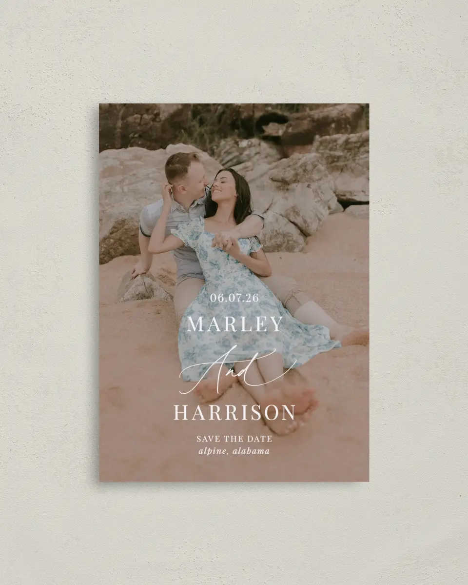 This is a 4" x 5.6" Save the Date Postcard called Blue Blossoms printed in full color on Soft Touch Finish paper