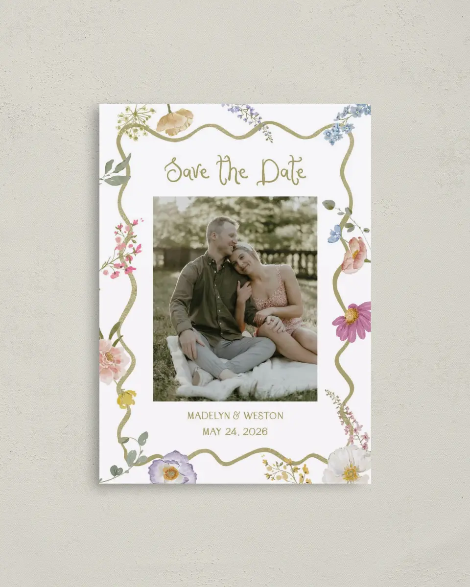 This is a 4" x 5.6" Save the Date Postcard called Whimsical Garden printed in full color with Gold foil on Soft Touch Finish paper