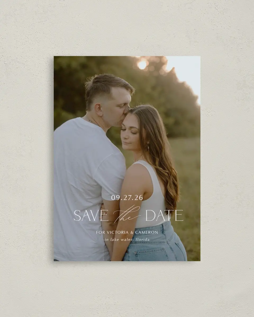 This is a 4" x 5.6" Save the Date Postcard called The Victoria printed in full color on Soft Touch Finish paper