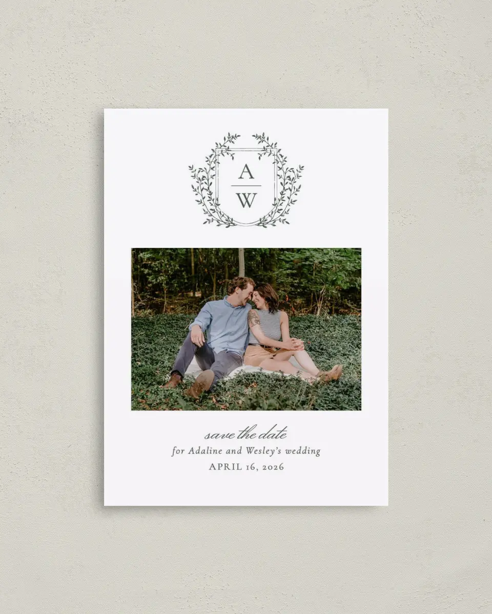 This is a 4" x 5.6" Save the Date Postcard called The Adaline printed in full color on Soft Touch Finish paper