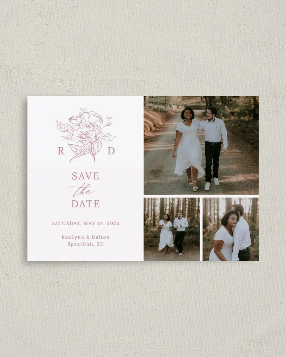This is a 4" x 5.6" Save the Date Postcard called Blushing Rose printed in full color on Soft Touch Finish paper