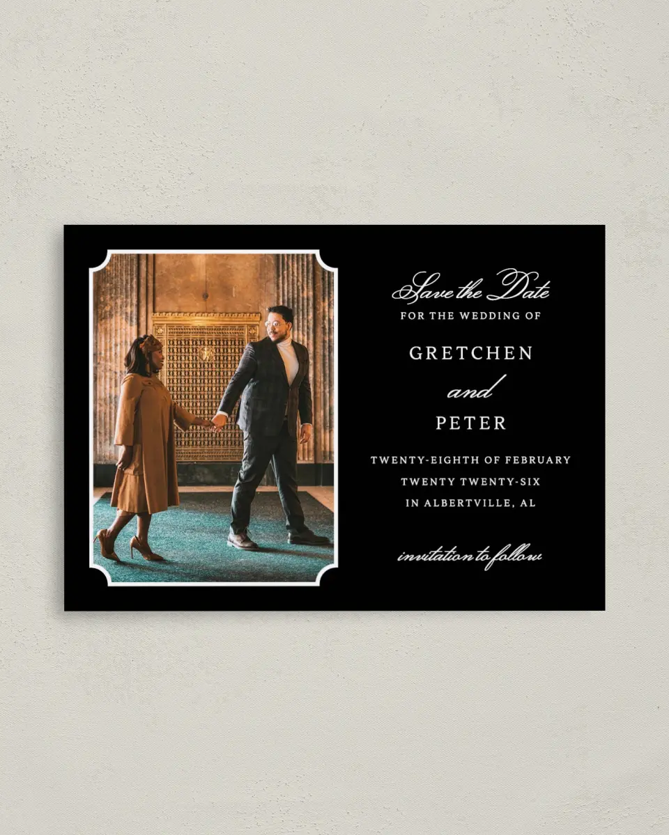 This is a 4" x 5.6" Save the Date Postcard called Elegant Tradition printed in full color with Rose Gold foil on Soft Touch Finish paper