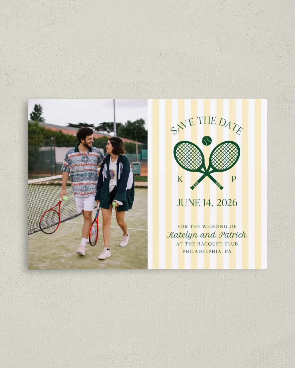 This is a 4" x 5.6" Save the Date Postcard called A Perfect Match printed in full color on Soft Touch Finish paper