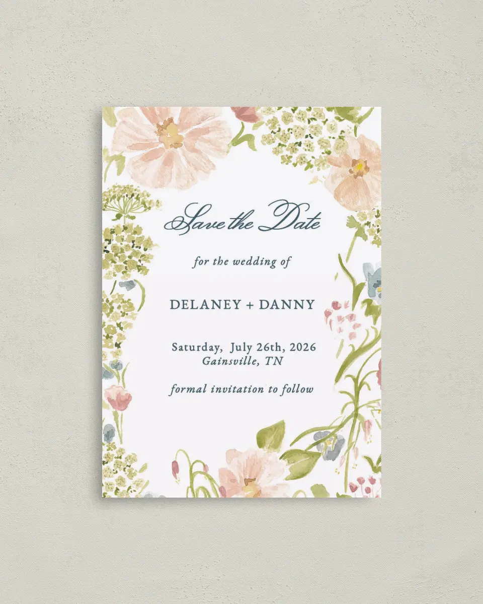 This is a 4" x 5.6" Save the Date Postcard called Garden of Vows printed in full color on Soft Touch Finish paper