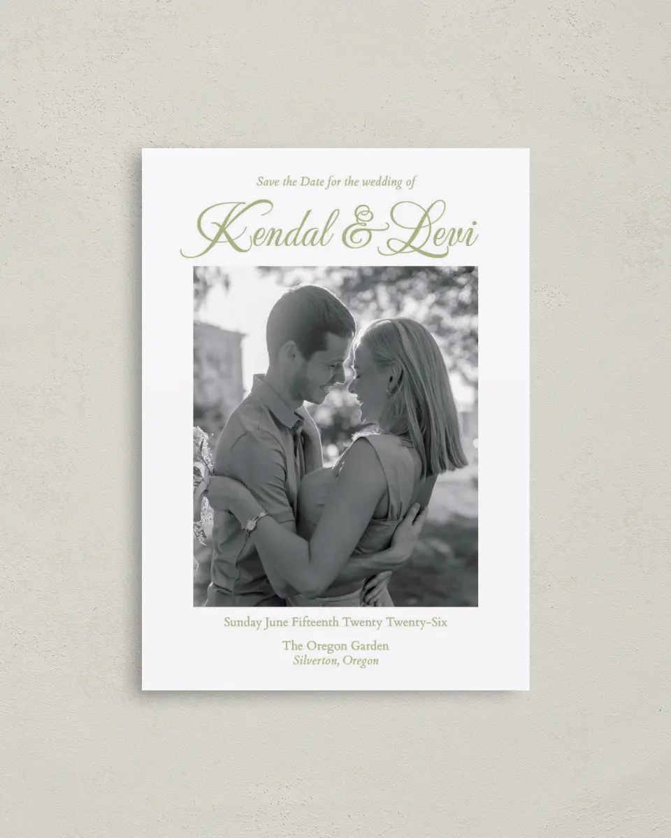 This is a 4" x 5.6" Save the Date Postcard called Southern Belle printed in full color on Soft Touch Finish paper