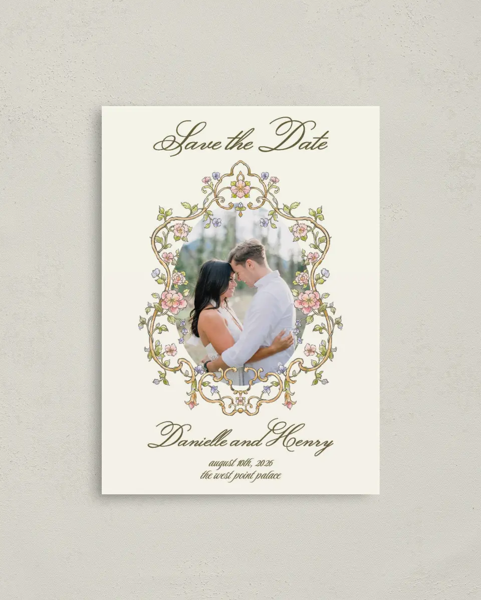This is a 4" x 5.6" Save the Date Postcard called Ever After printed in full color with Rose Gold foil on Soft Touch Finish paper