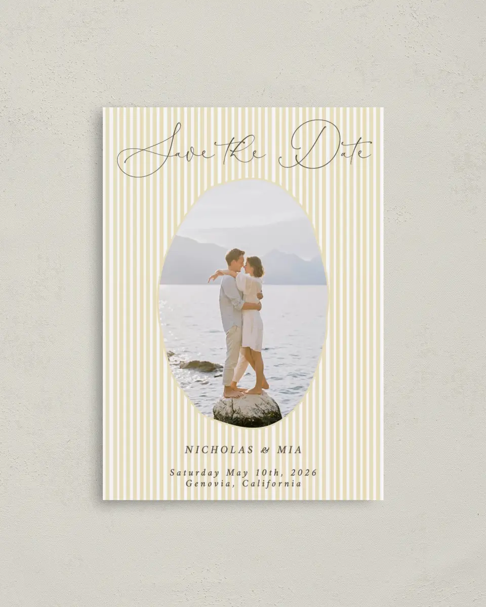 This is a 4" x 5.6" Save the Date Postcard called Royal Glory printed in full color with Gold foil on Soft Touch Finish paper
