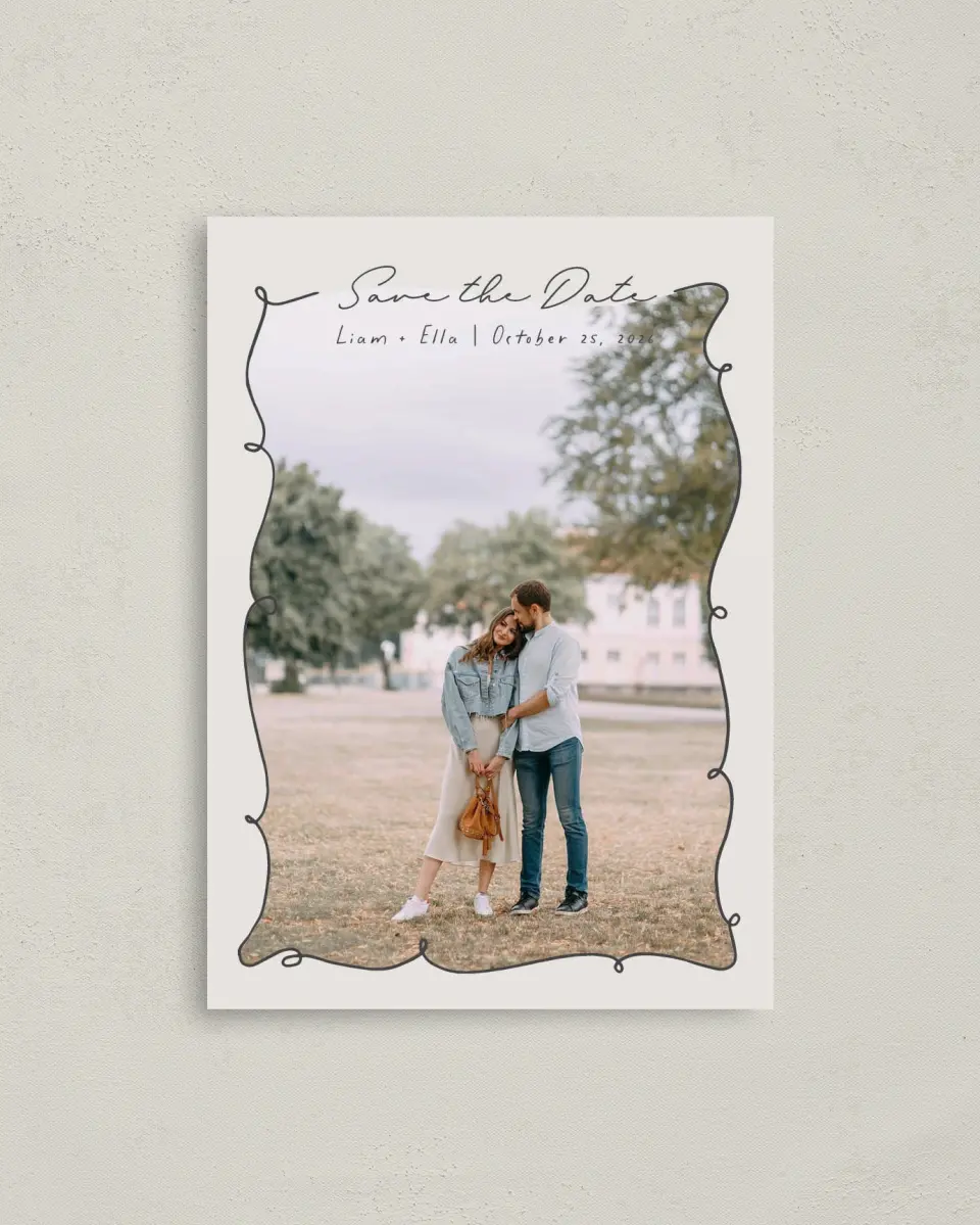 This is a 4" x 5.6" Save the Date Postcard called Locket of Love printed in full color on Soft Touch Finish paper