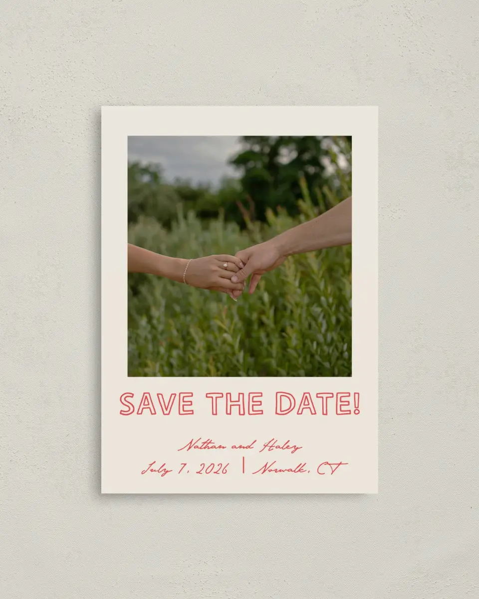 This is a 4" x 5.6" Save the Date Postcard called Bold & Bright printed in full color on Soft Touch Finish paper