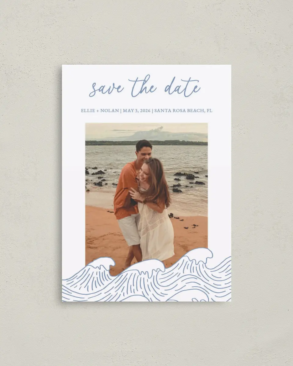 This is a 4" x 5.6" Save the Date Postcard called Wave of Love printed in full color with Gold foil on Soft Touch Finish paper