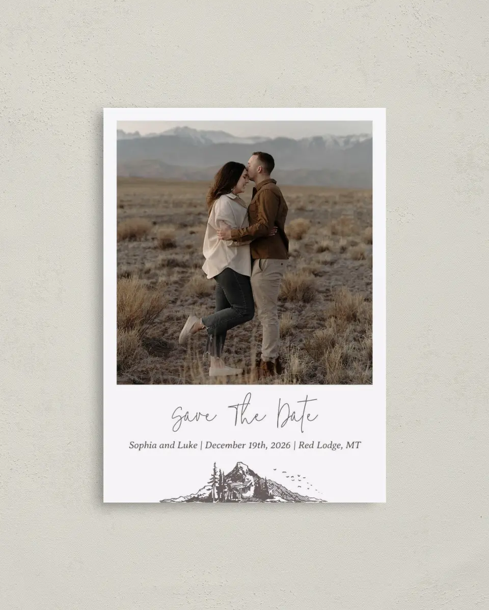 This is a 4" x 5.6" Save the Date Postcard called Mountain Bliss printed in full color on Soft Touch Finish paper