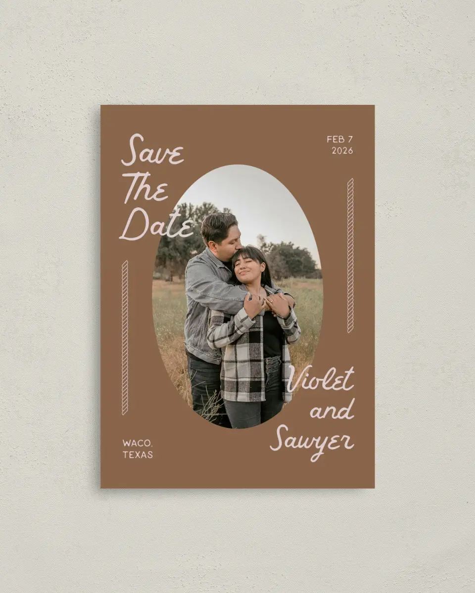 This is a 4" x 5.6" Save the Date Postcard called Western Whimsy printed in full color on Soft Touch Finish paper