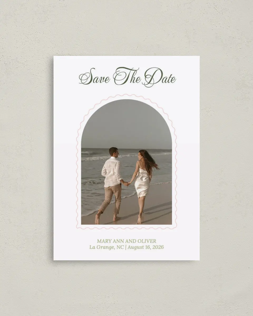 This is a 4" x 5.6" Save the Date Postcard called Palm Paradise printed in full color on Soft Touch Finish paper