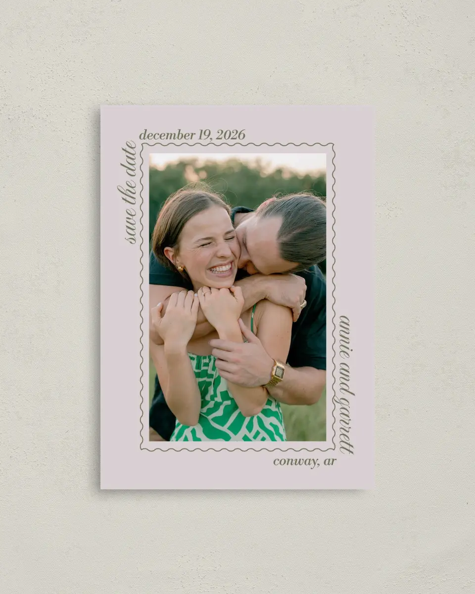 This is a 4" x 5.6" Save the Date Postcard called Meadow of Merriment printed in full color on Soft Touch Finish paper