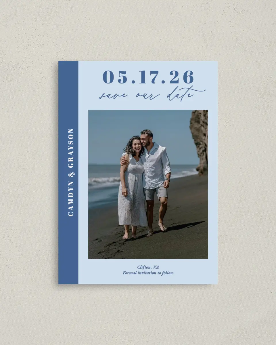 This is a 4" x 5.6" Save the Date Postcard called Forever and Ever printed in full color on Soft Touch Finish paper