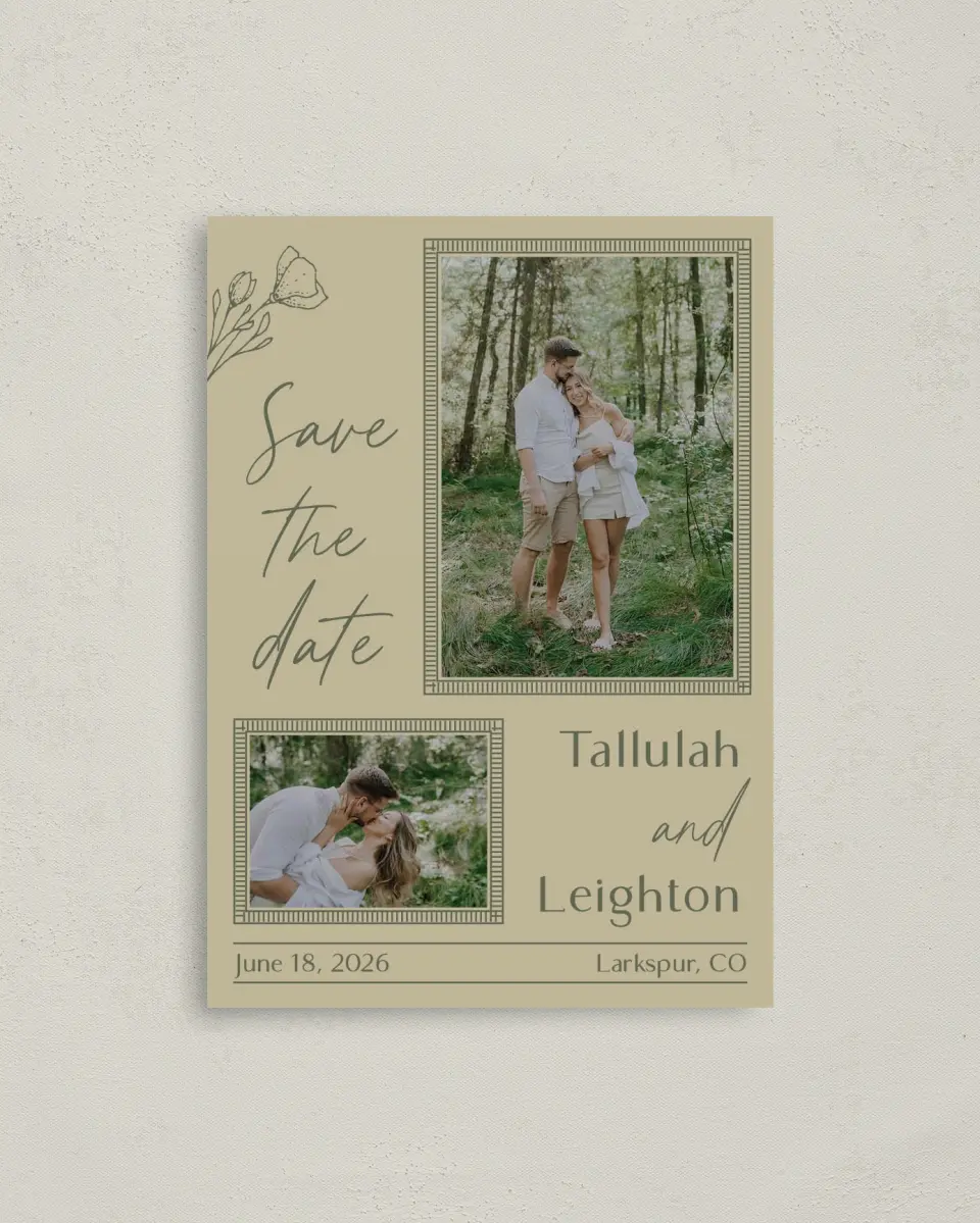 This is a 4" x 5.6" Save the Date Postcard called Idyllic Love printed in full color on Soft Touch Finish paper