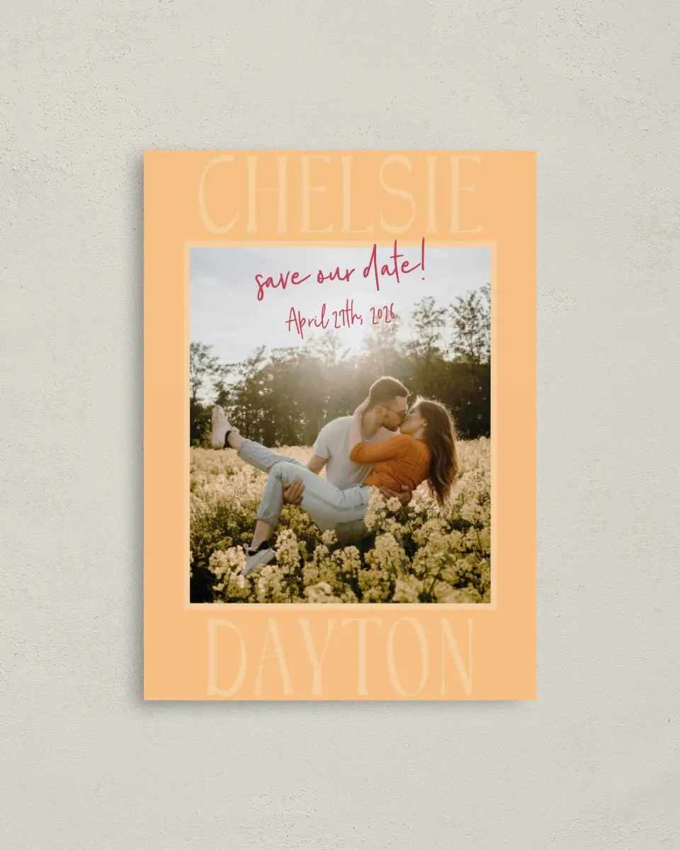 This is a 4" x 5.6" Save the Date Postcard called Lovey-Dovey printed in full color with Gold foil on Soft Touch Finish paper