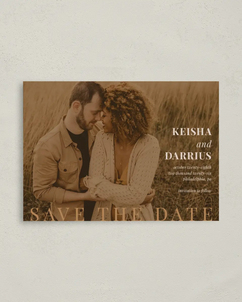 This is a 4" x 5.6" Save the Date Postcard called Bold Romance printed in full color on Soft Touch Finish paper