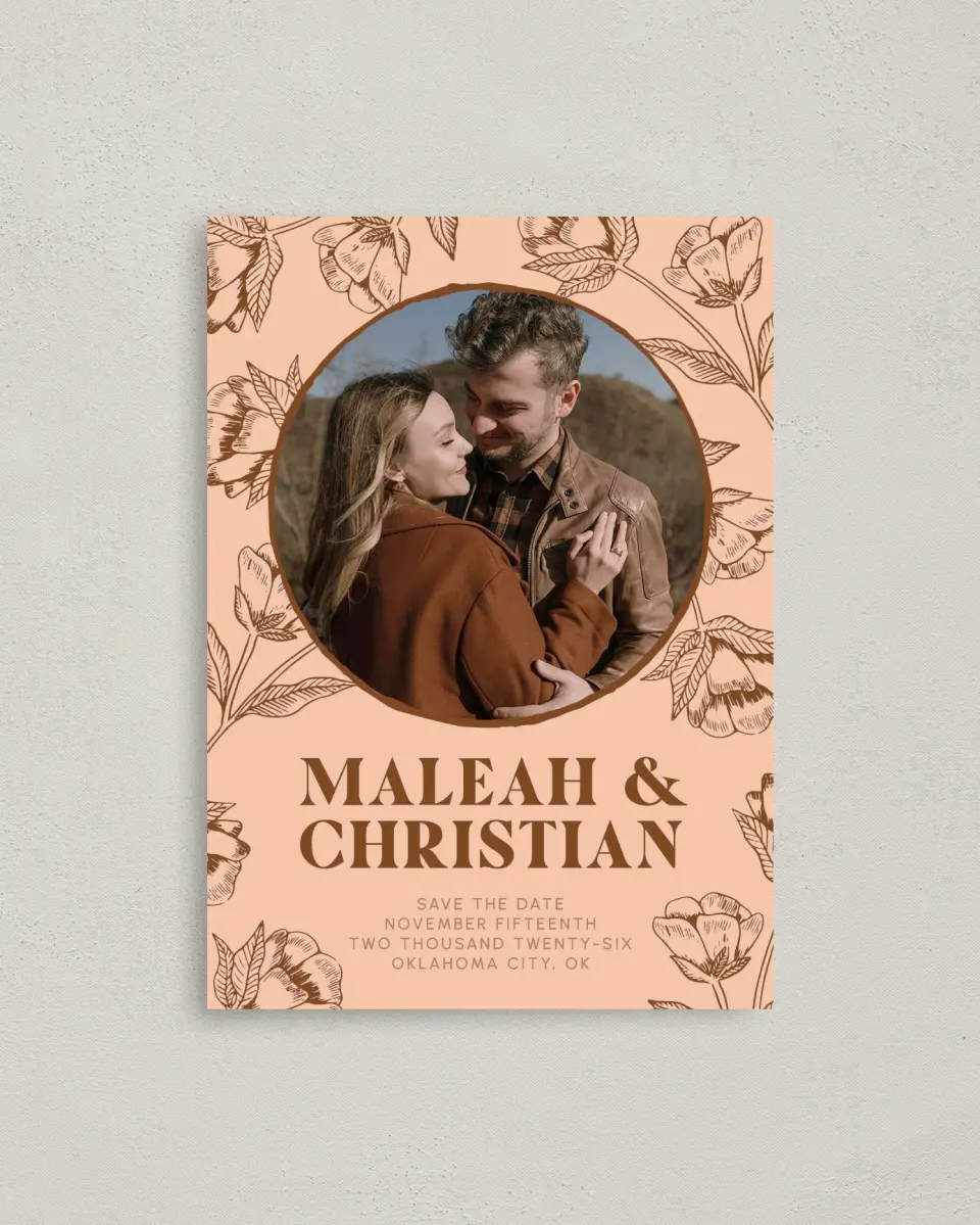 This is a 4" x 5.6" Save the Date Postcard called Agrestal printed in full color with Rose Gold foil on Soft Touch Finish paper