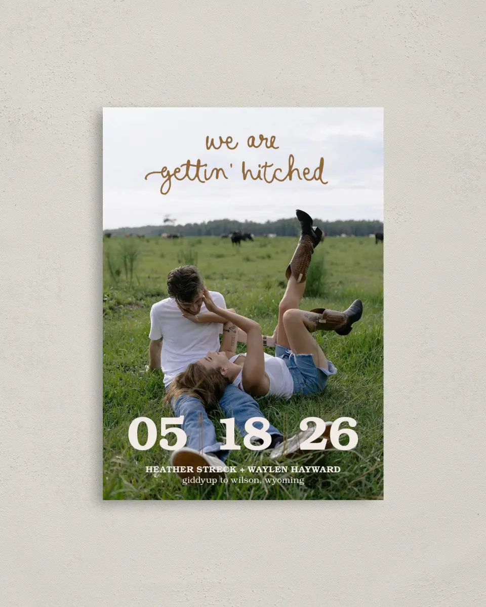This is a 4" x 5.6" Save the Date Postcard called Head Over Boots printed in full color on Soft Touch Finish paper