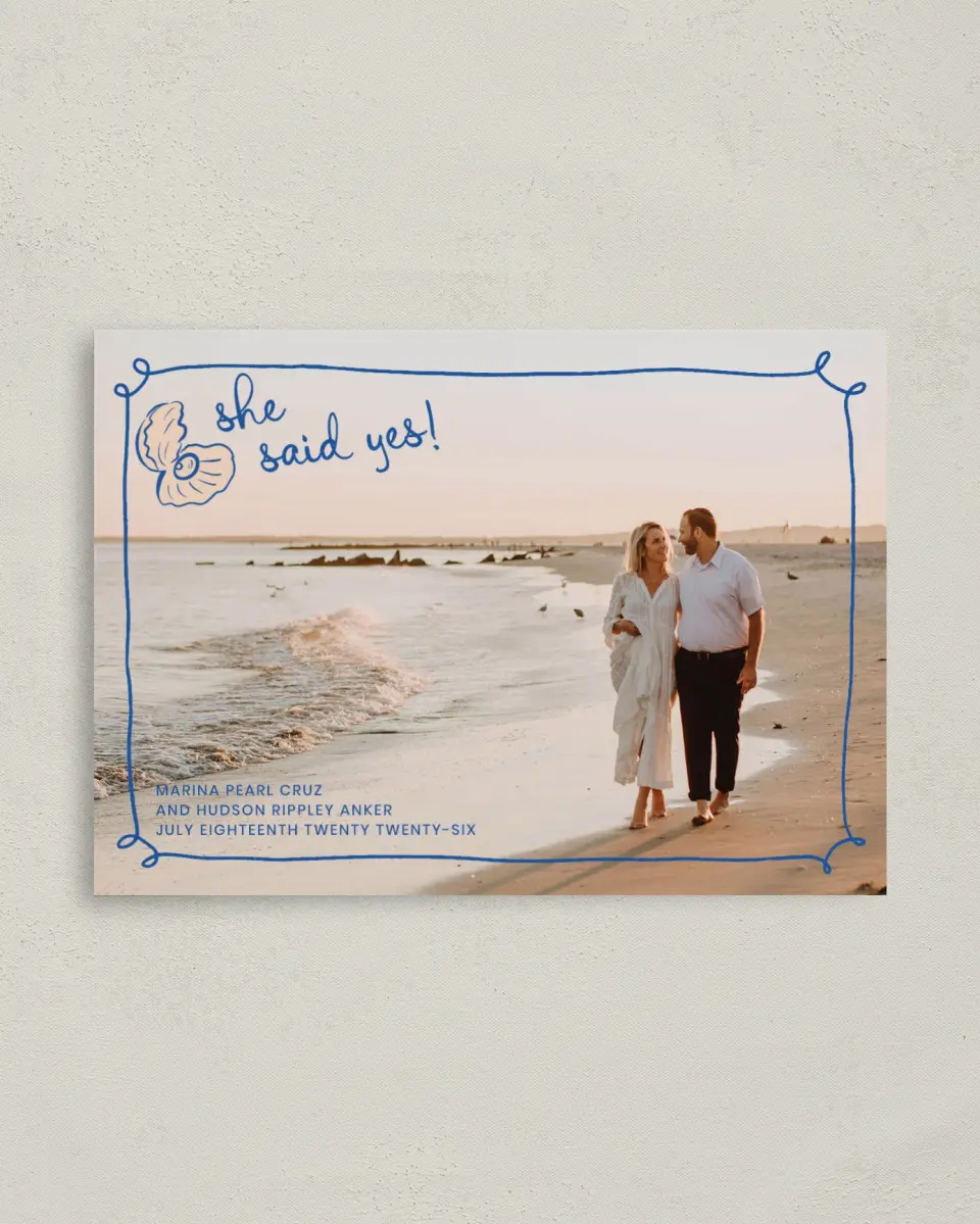 This is a 4" x 5.6" Save the Date Postcard called Abyssal Love printed in full color on Soft Touch Finish paper