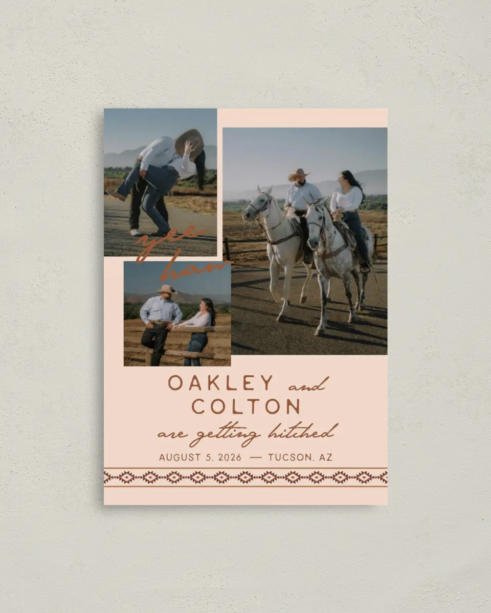 This is a 4" x 5.6" Save the Date Postcard called Wild at Heart printed in full color on Soft Touch Finish paper
