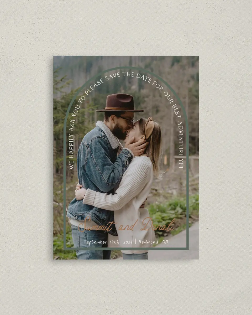 This is a 4" x 5.6" Save the Date Postcard called Elevated Adventures printed in full color on Soft Touch Finish paper