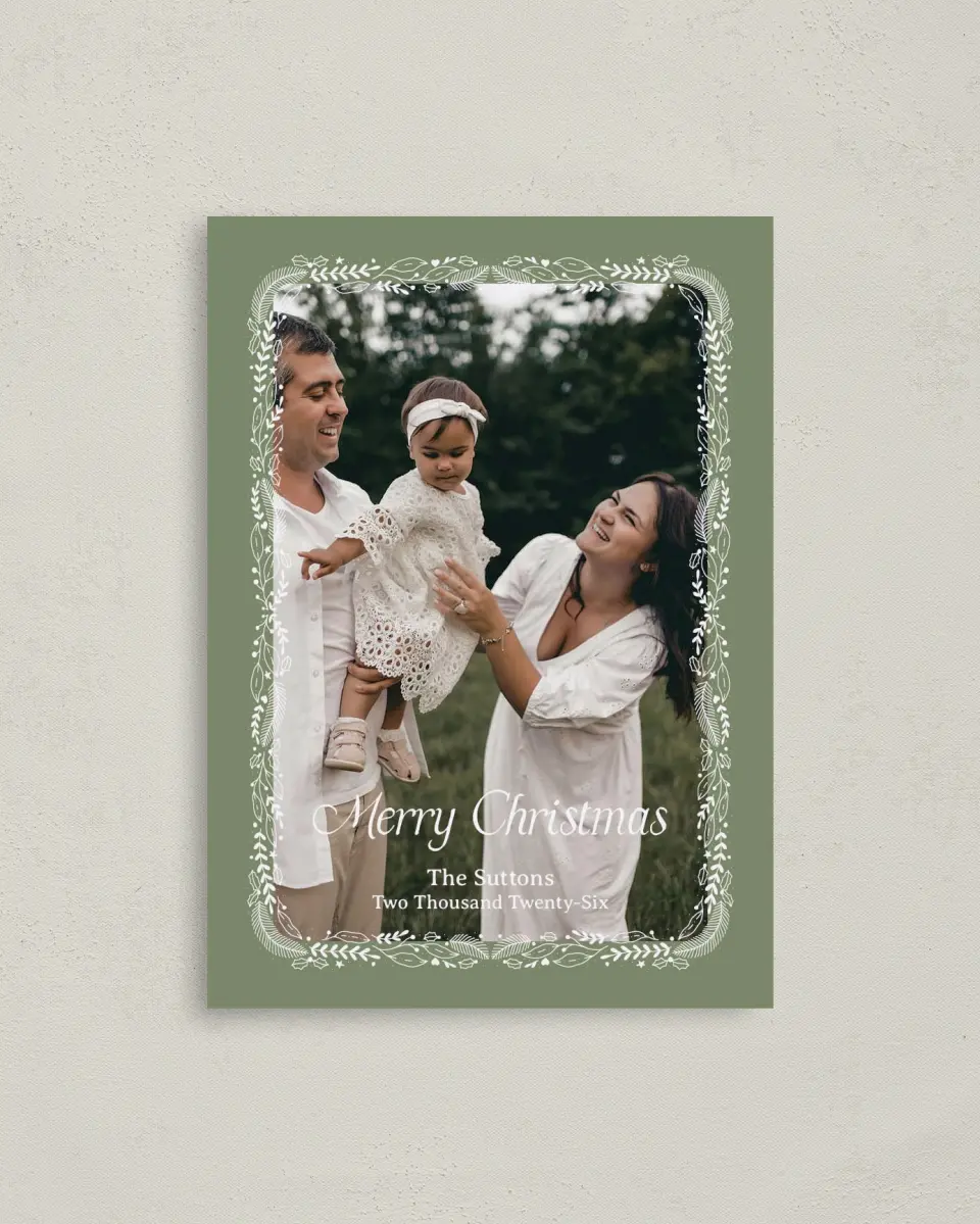 This is a 4" x 5.6" Christmas Card called Wrapped in Wreaths printed in full color on Premium Smooth paper