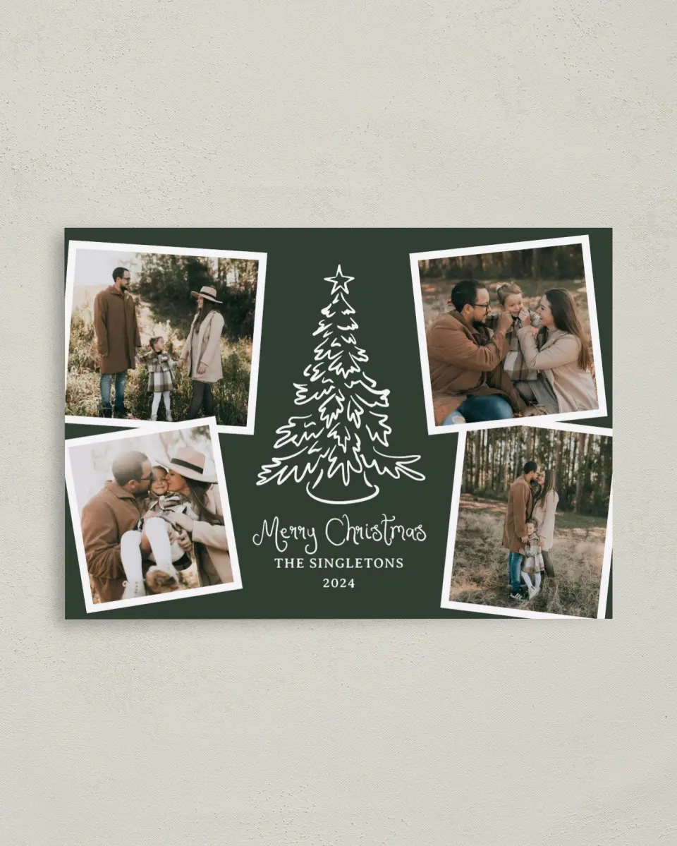 This is a 4" x 5.6" Christmas Postcard called Sketched Snapshots printed in full color with Gold foil on Soft Suede (coated) paper