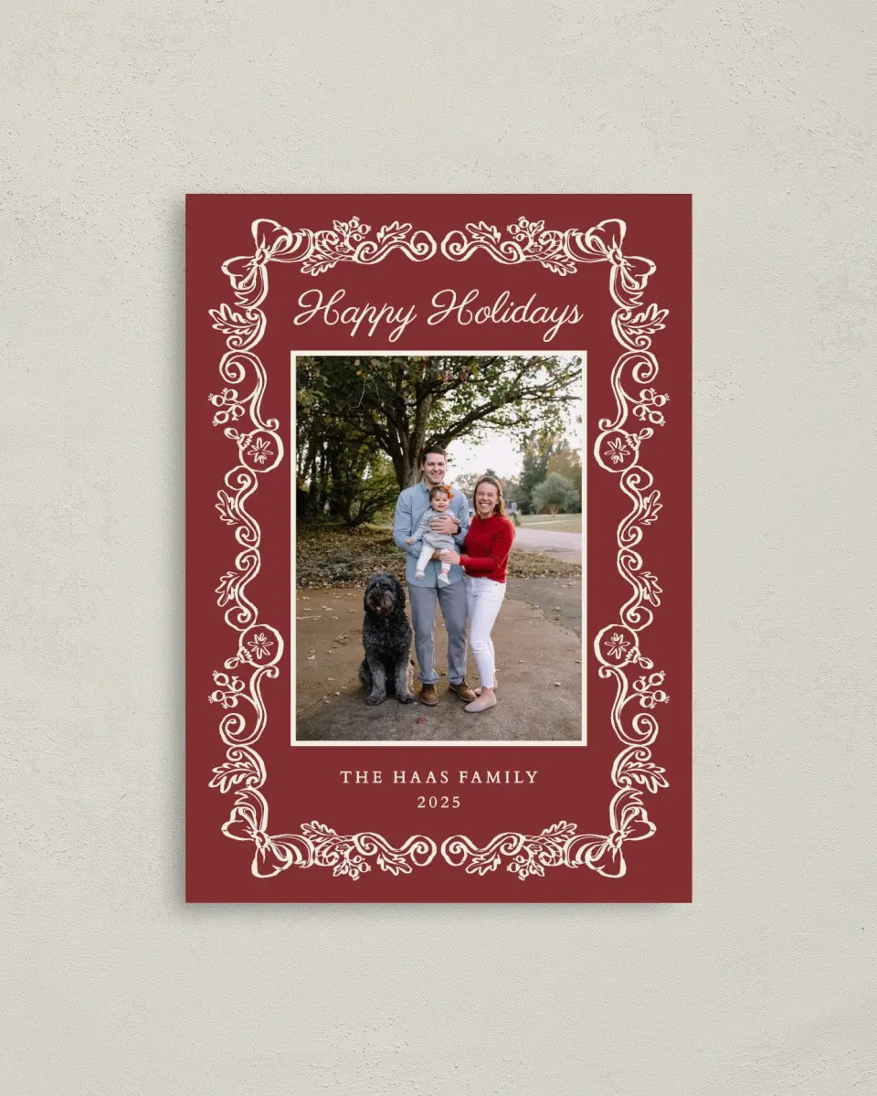 This is a 4" x 5.6" Christmas Card called Cherished Christmas printed in full color with Rose Gold foil on Soft Suede (coated) paper