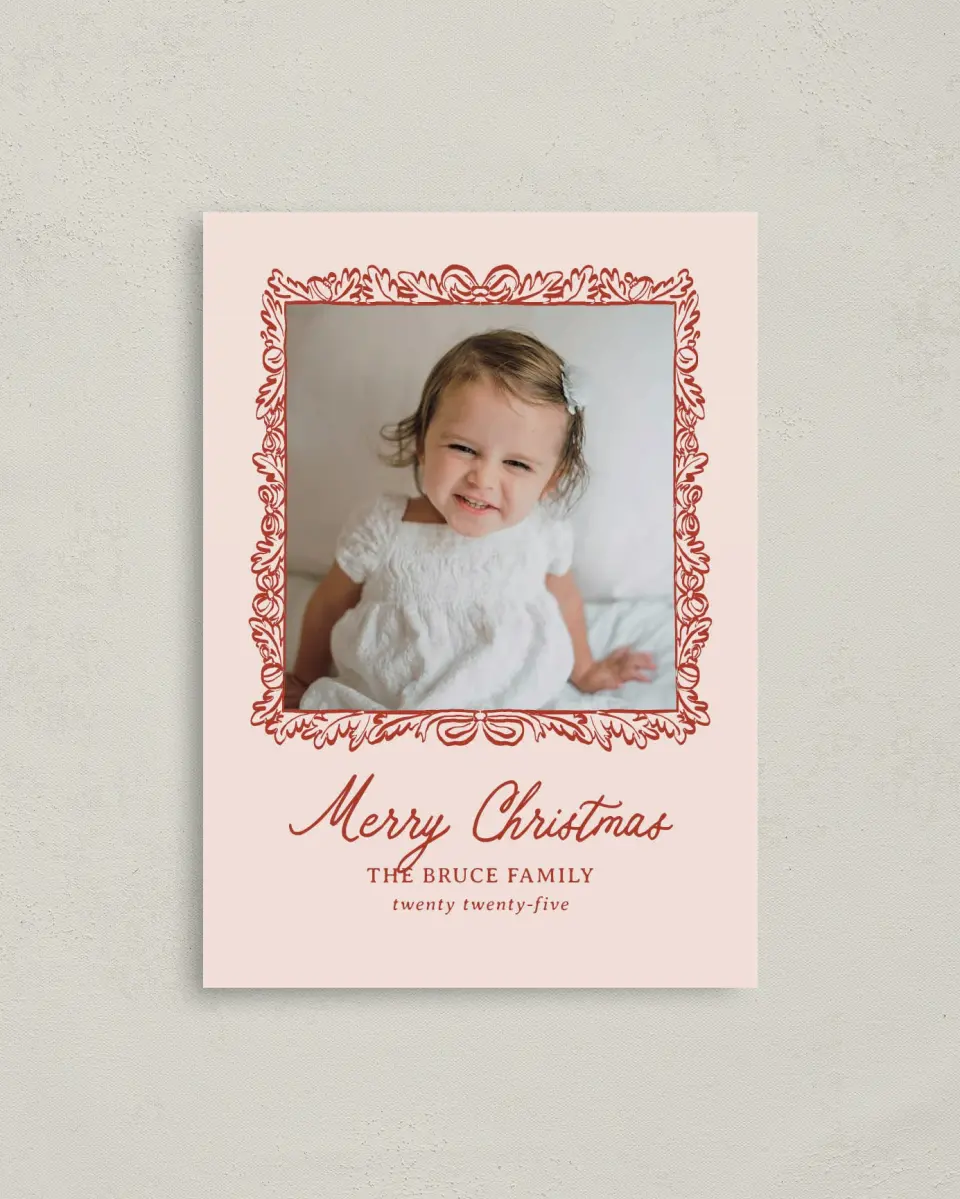 This is a 4" x 5.6" Christmas Card called Darling Frame printed in full color with Rose Gold foil on Soft Suede (coated) paper