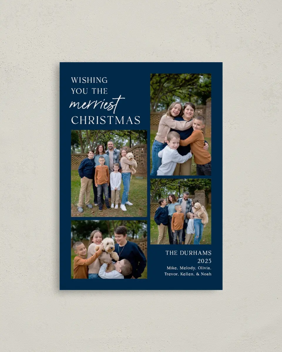 This is a 4" x 5.6" Christmas Card called Happiest Moments printed in full color on Premium Smooth paper