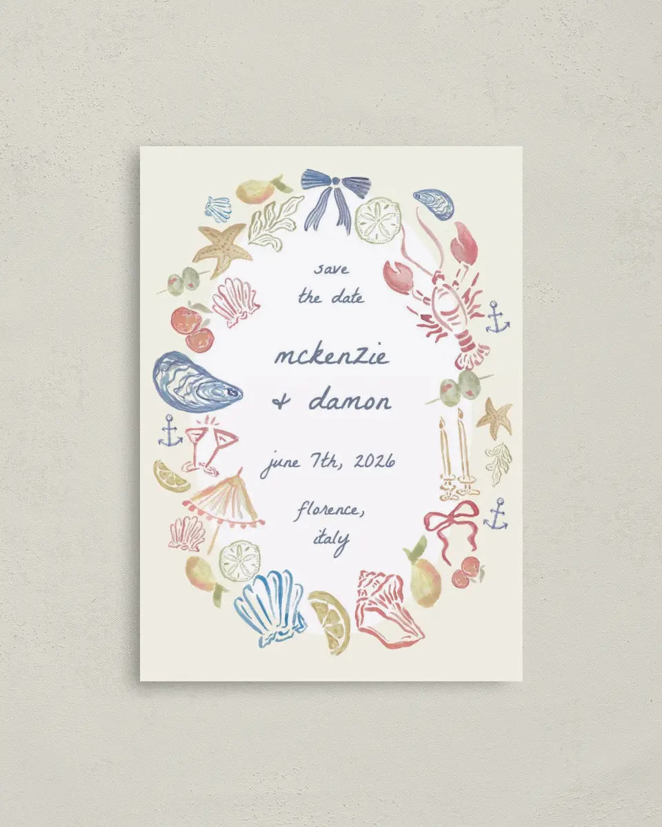 This is a 4" x 5.6" Save the Date Postcard called Positano Daydream printed in full color on Soft Touch Finish paper