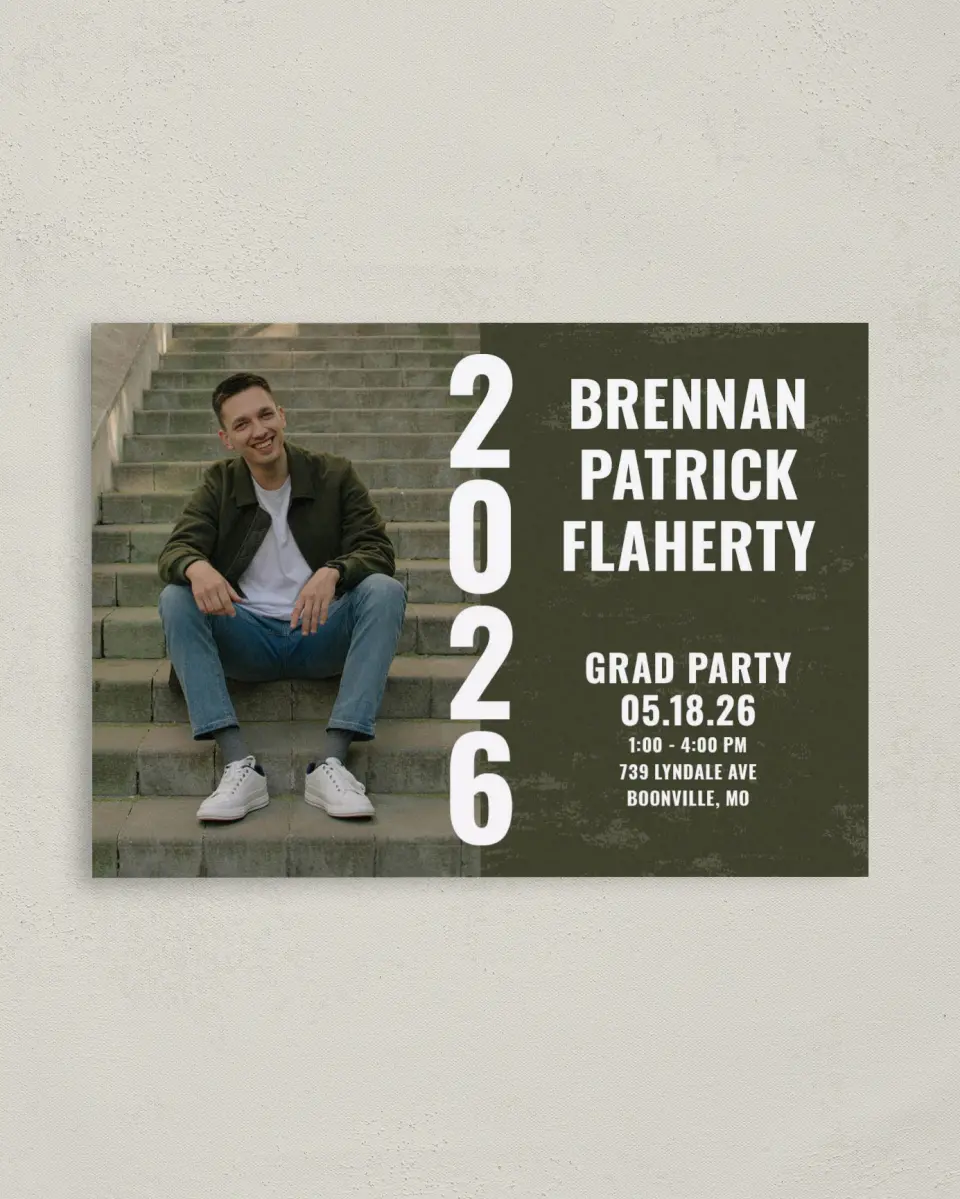 This is a 4" x 5.6" Graduation Announcement Postcard called Genuine Graduate printed in full color with Gold foil on Soft Touch Finish paper