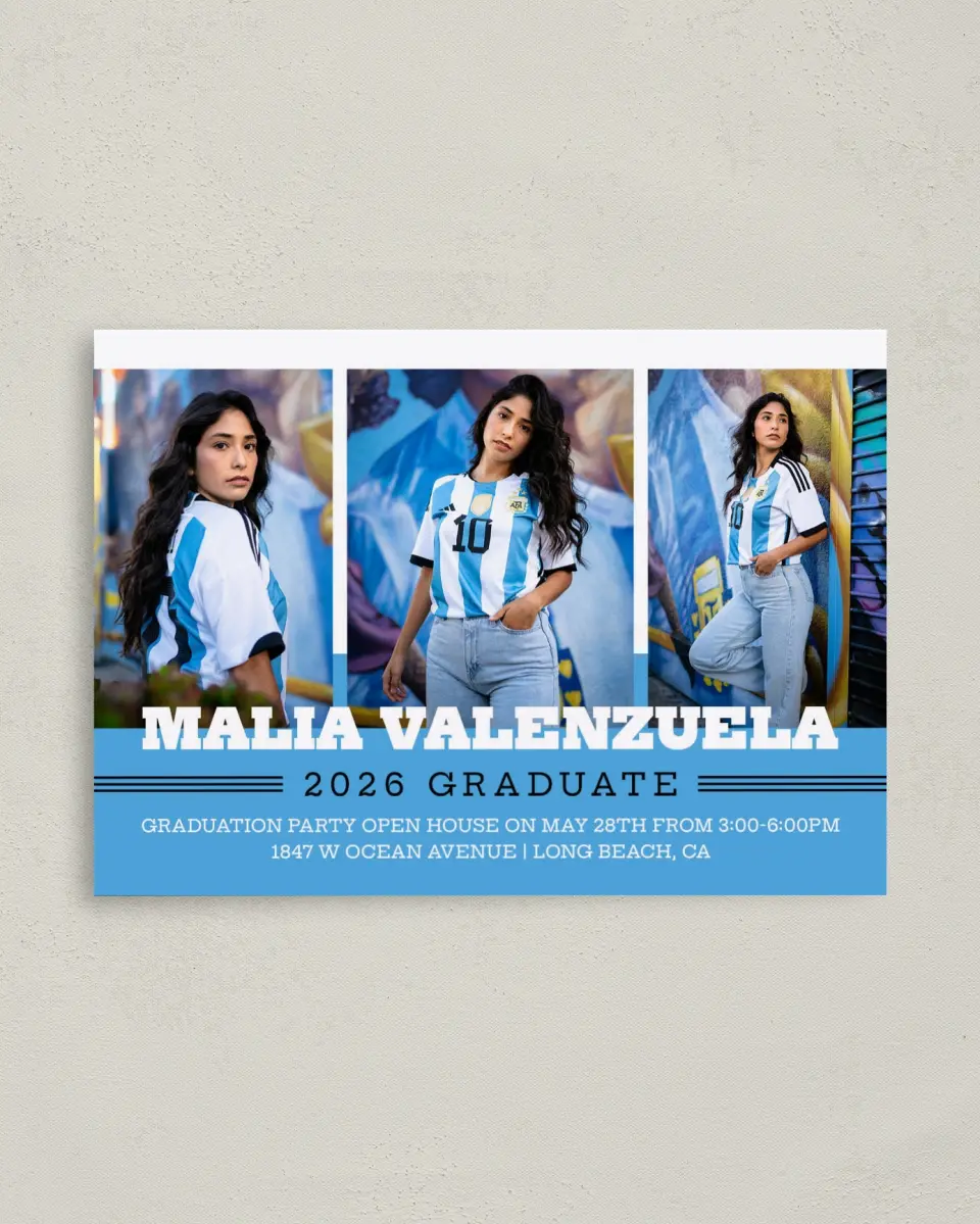 This is a 4" x 5.6" Graduation Announcement Postcard called Sporty Spice printed in full color on Soft Touch Finish paper