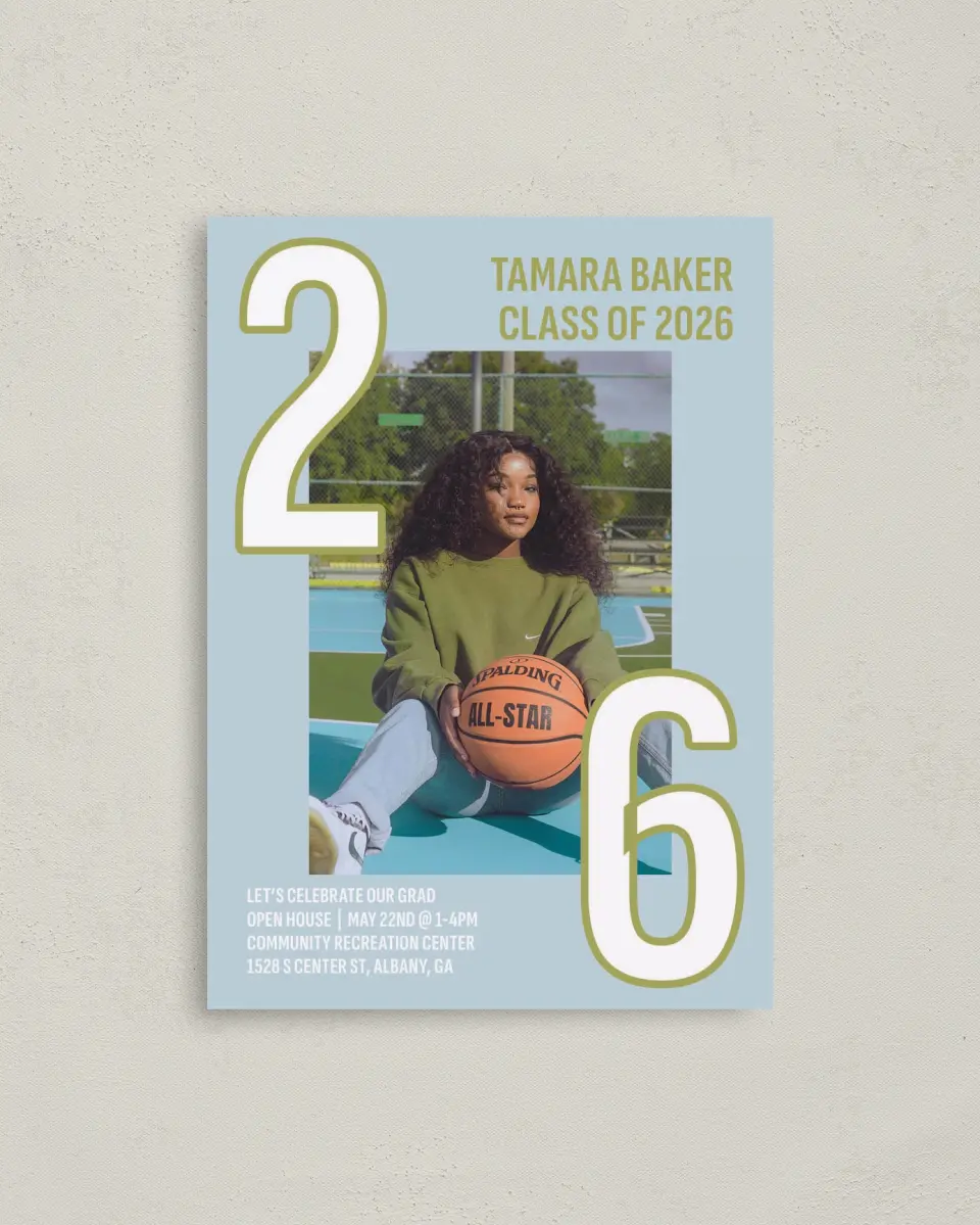 This is a 4" x 5.6" Graduation Announcement Postcard called Big Grad Energy printed in full color with Gold foil on Soft Touch Finish paper
