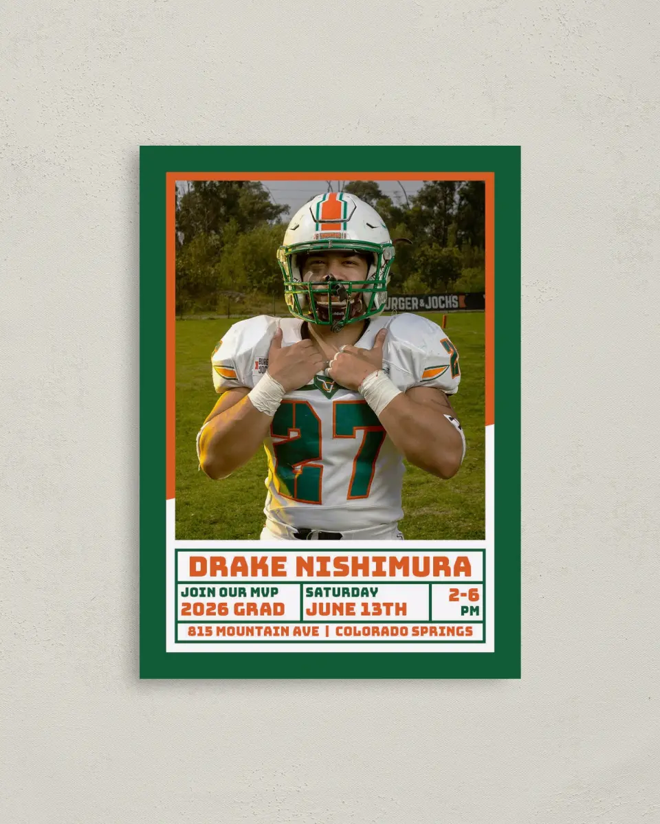 This is a 4" x 5.6" Graduation Announcement Postcard called MVP Grad printed in full color with Rose Gold foil on Soft Touch Finish paper