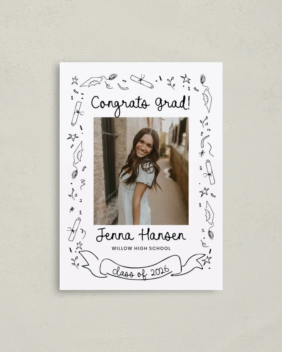 This is a 4" x 5.6" Graduation Announcement Postcard called Handwritten Grad printed in full color with Silver foil on Soft Touch Finish paper