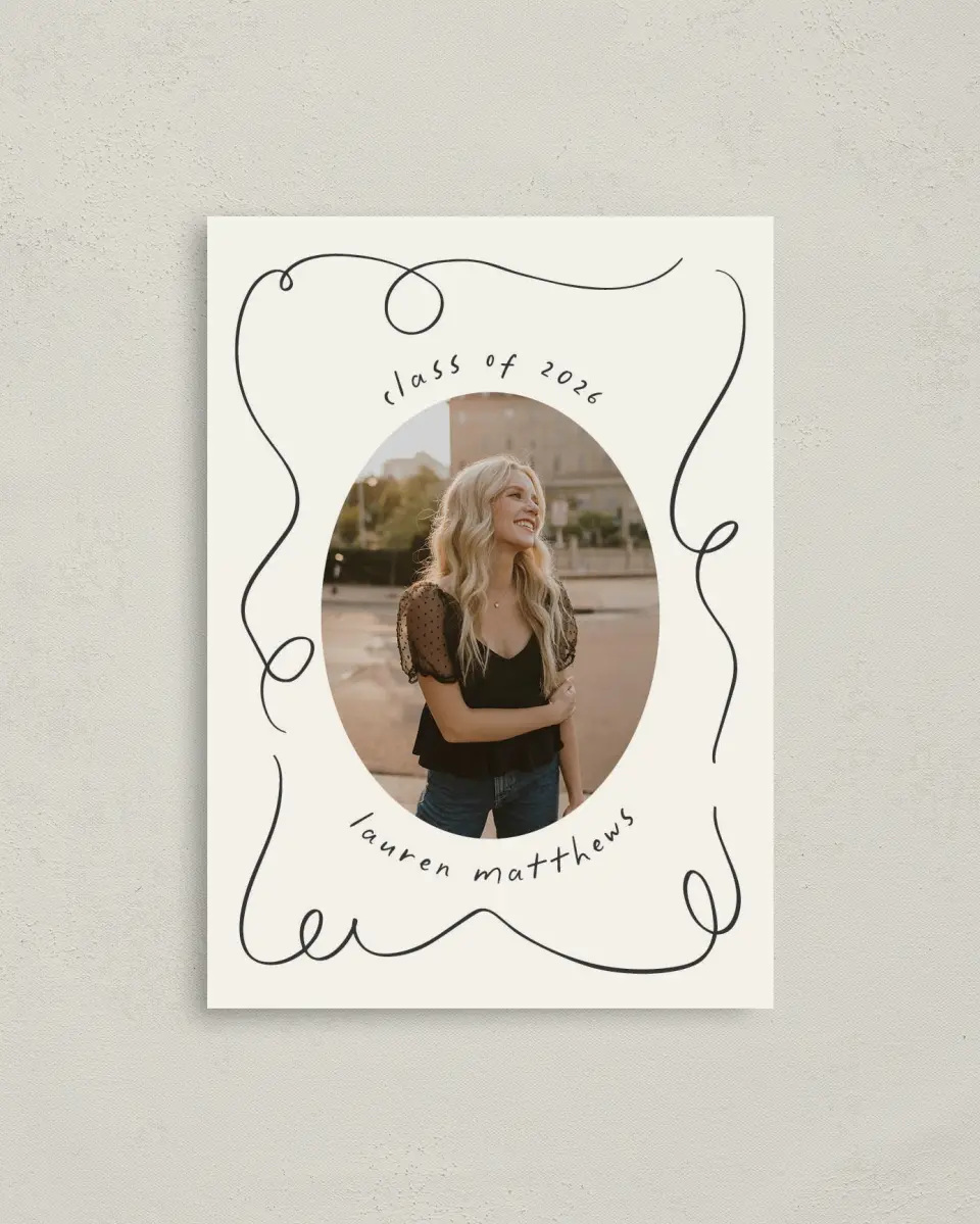 This is a 4" x 5.6" Graduation Announcement Postcard called Free to be printed in full color with Rose Gold foil on Soft Touch Finish paper