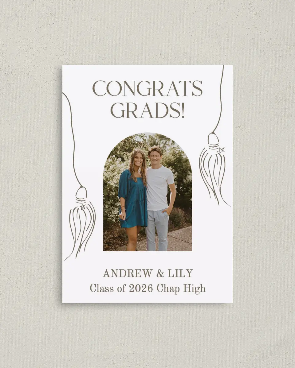 This is a 4" x 5.6" Graduation Announcement Postcard called Cap and Gown printed in full color with Silver foil on Soft Touch Finish paper