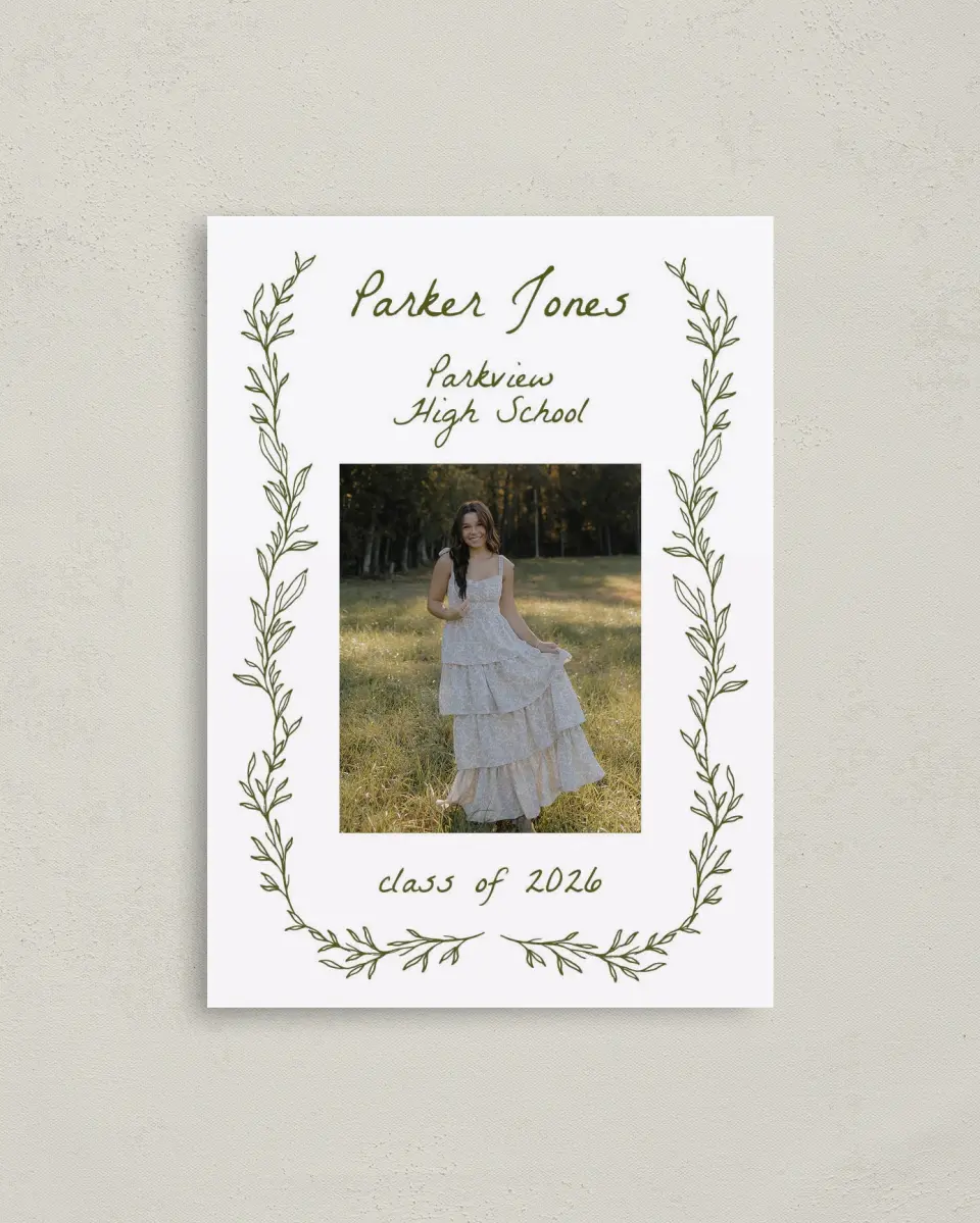 This is a 4" x 5.6" Graduation Announcement Postcard called Flourish & Thrive printed in full color with Rose Gold foil on Soft Touch Finish paper